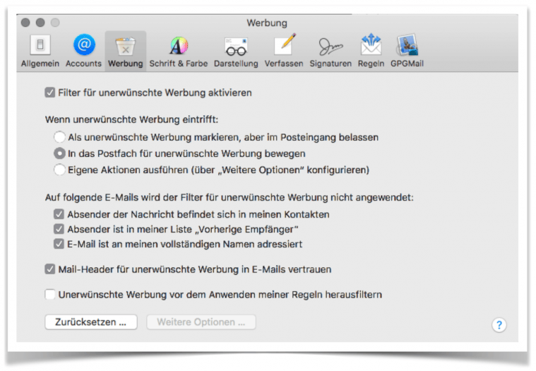 MAC OS Mail | Registerkarte: Werbung