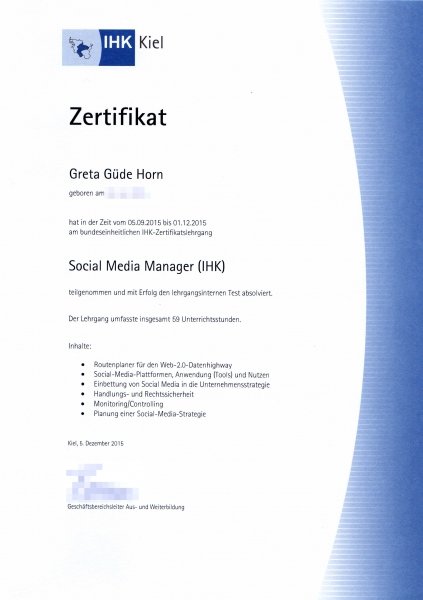Unsere Mitarbeiterin, Güde Horn, ist jetzt zertifizierte Social Media Managerin