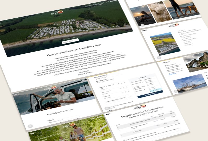 Eine Collage aus Website-Screenshots mit Startseite „Unser Campingplatz an der Eckernförder Bucht“, Buchungsformular und Preisrechner.