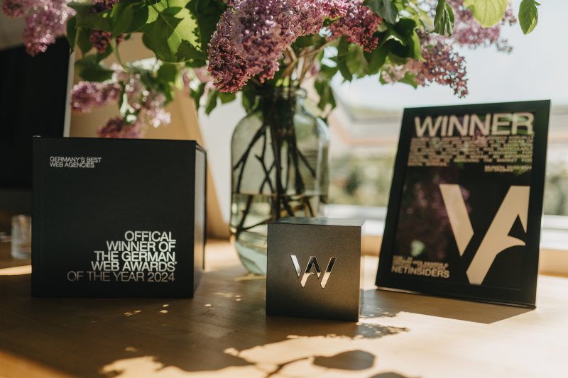 Drei schwarze Auszeichnungsobjekte mit Aufschriften „GERMANY'S BEST WEB AGENCIES", „WINNER" und „NETINSIDERS".