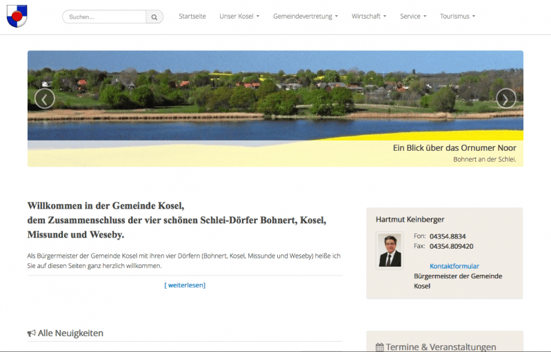 Screenshot der Gemeinde Kosel Webseiten