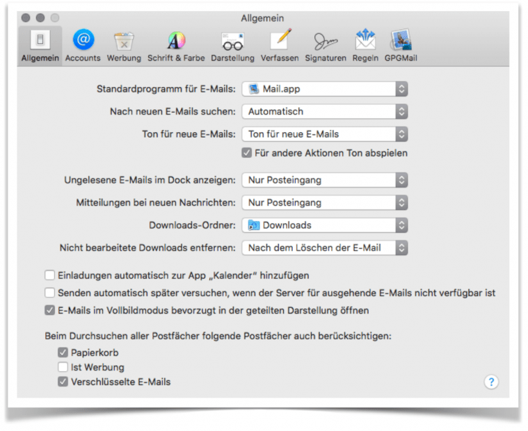 MAC OS Mail | Registerkarte: Allgemein