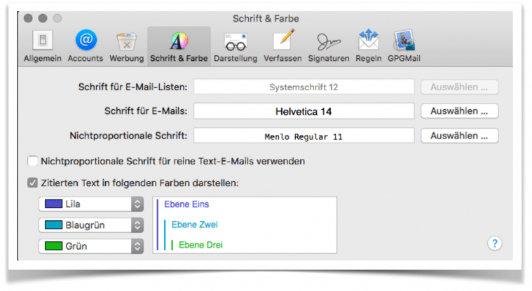 MAC OS Mail | Registerkarte: Schrift & Farbe