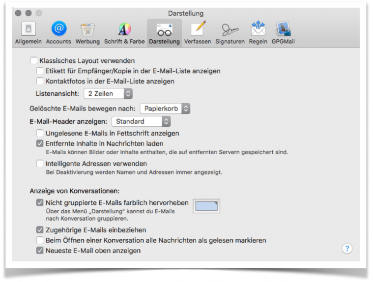 MAC OS Mail | Registerkarte: Darstellung