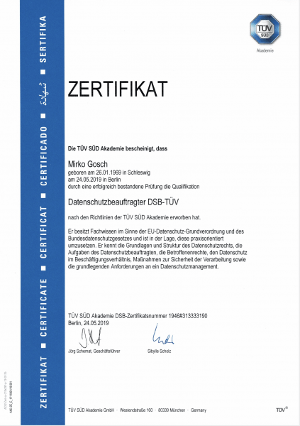TÜV Süd Zertifikat DSB Mirko Gosch Mai 2019