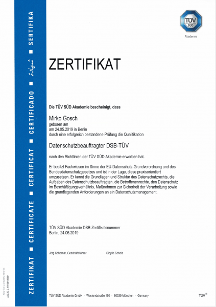 TÜV Süd Zertifikat DSB Mirko Gosch Mai 2019